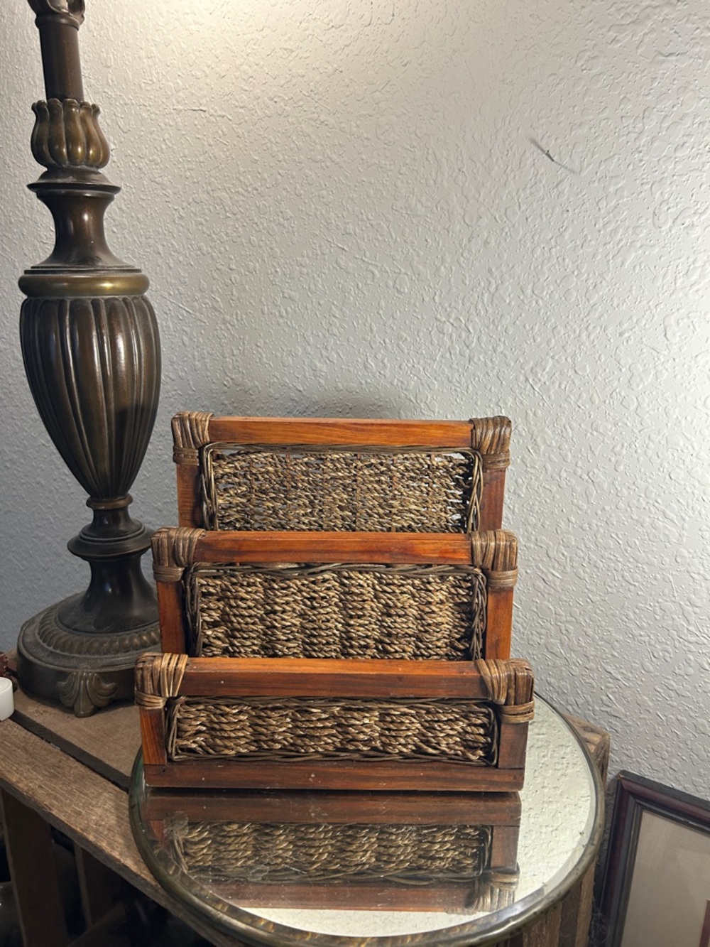 3 tier Woven Rattan letter organizer Napkin Holder - Brown